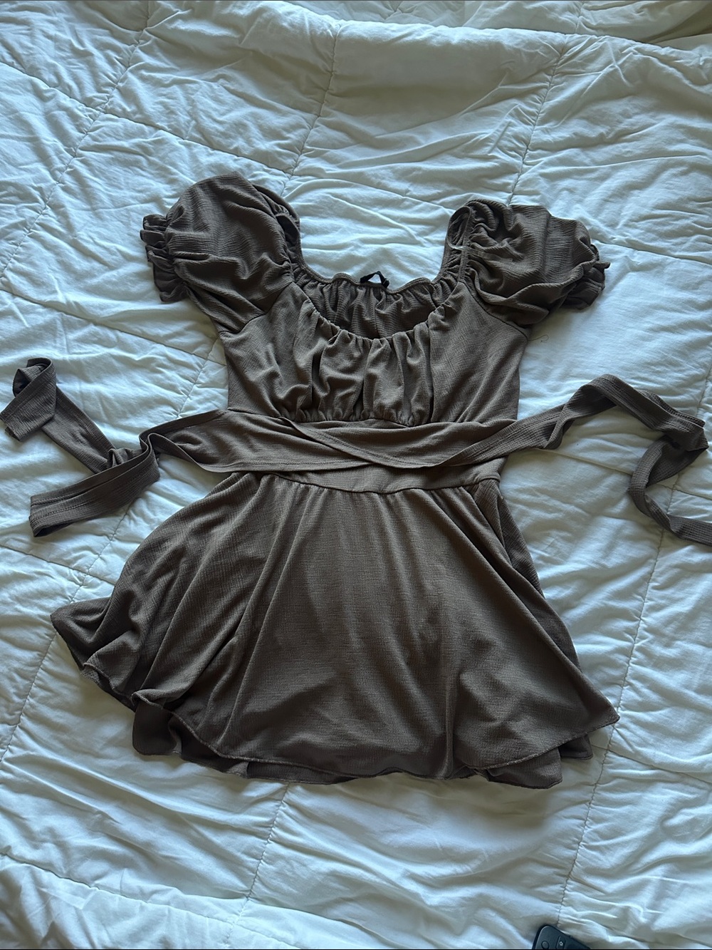 Triple 7 Brown Short Puff Sleeve Jumpsuit Romper